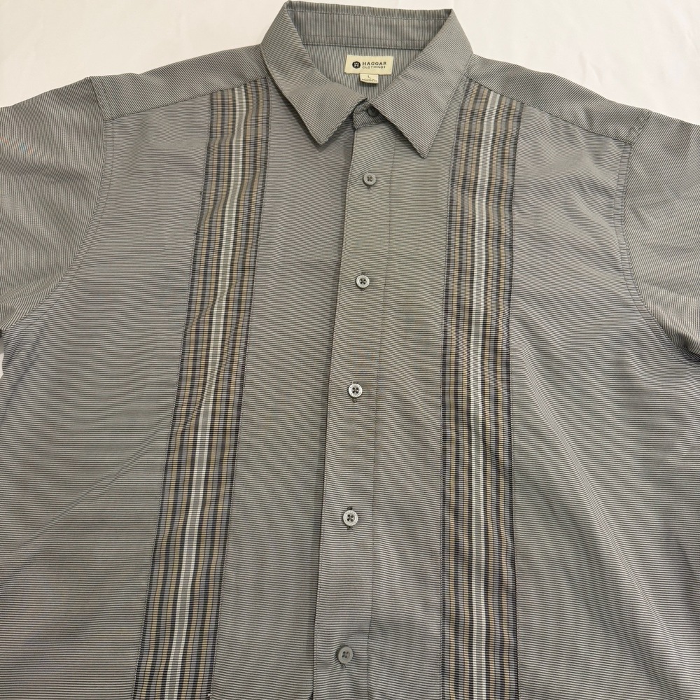 Haggar Mens Gray Button Up Shirt Mend L Collared Short Sleeve Dress‎